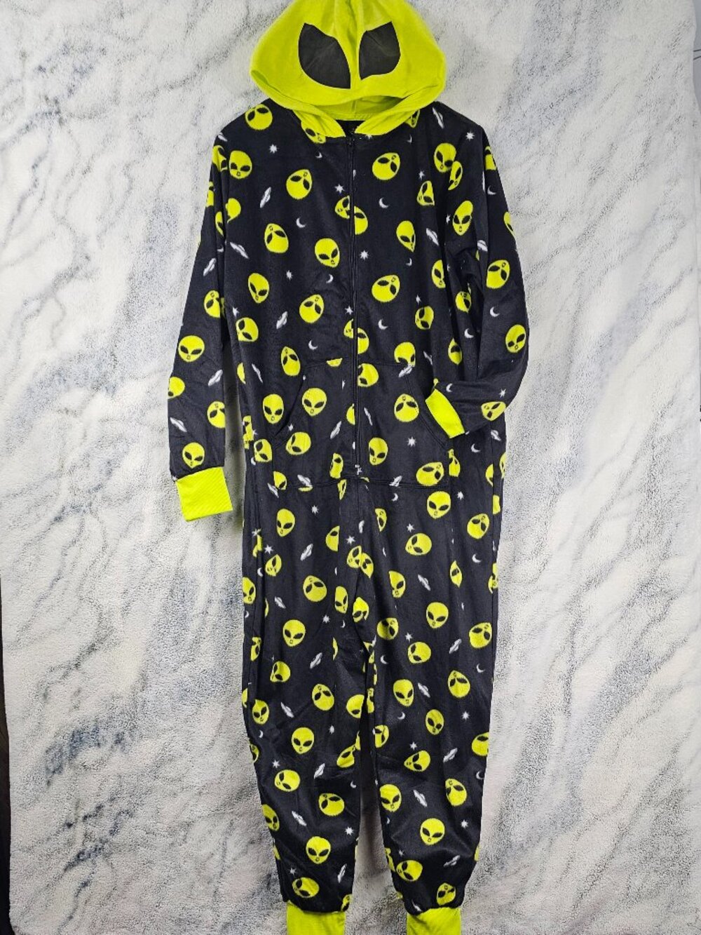 Torrid 1-2 1X-2X Alien Green Black Fleece Full Length Hooded Lounge Jumpsuit UFO